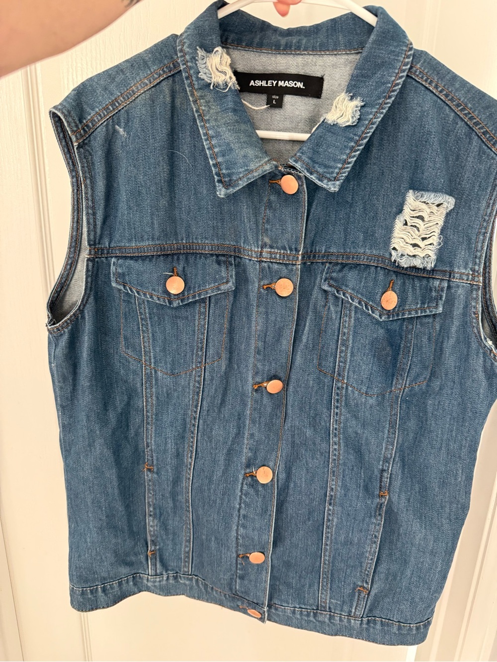 Ashley Mason Jean Vest with Crystal Embellished Bird Patch On Bsck